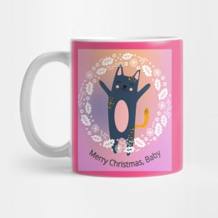 Merry Christmas, Baby (jolly kitty cat inside white wreath) Mug